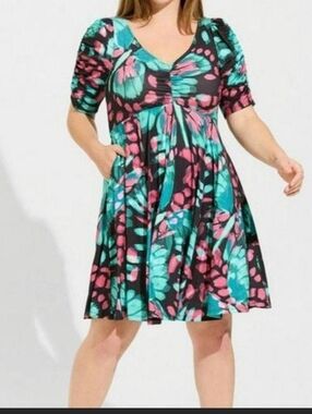 Torrid NWT Teal & Pink Butterfly Abstract Ruched Midi Skater Dress 3X 22 /24